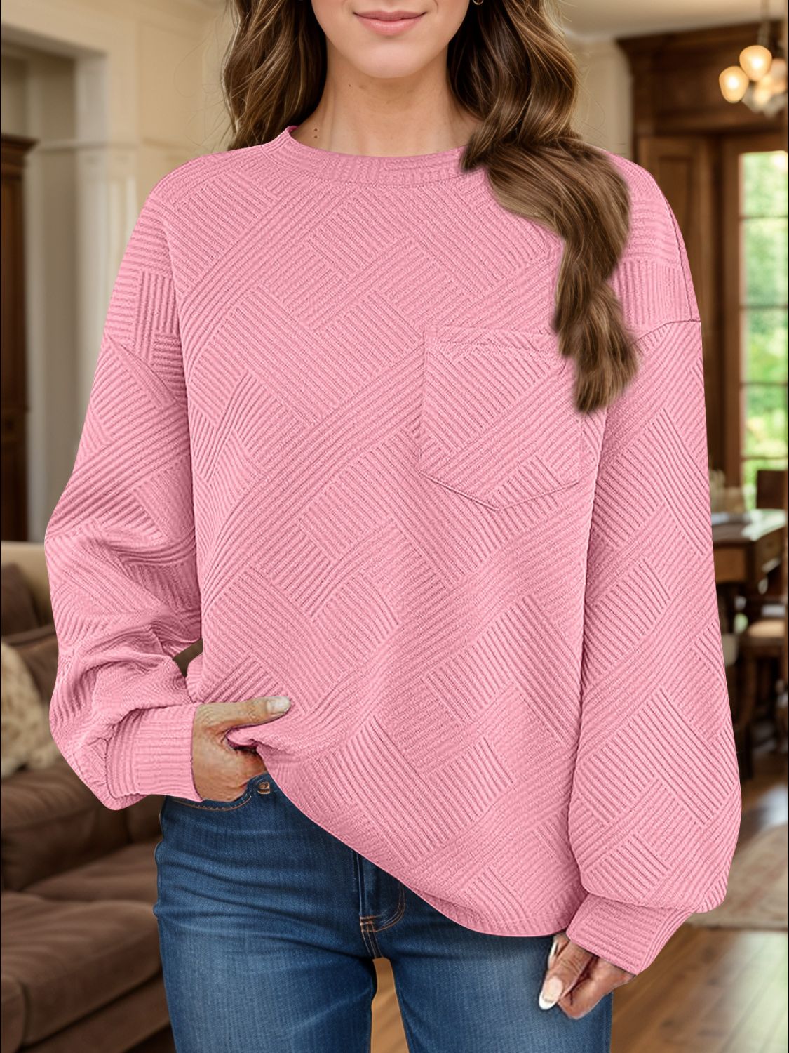 Full Size Texture Round Neck Long Sleeve Sweatshirt