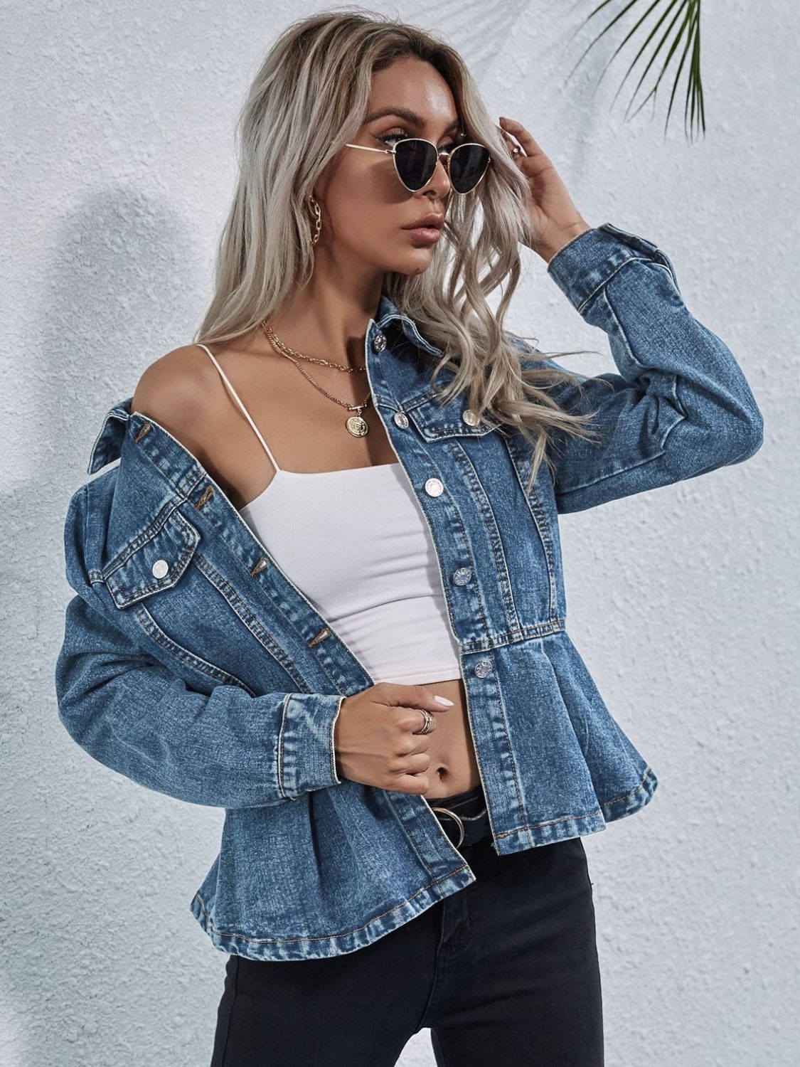 Peplum Collared Neck Long Sleeve Denim Top