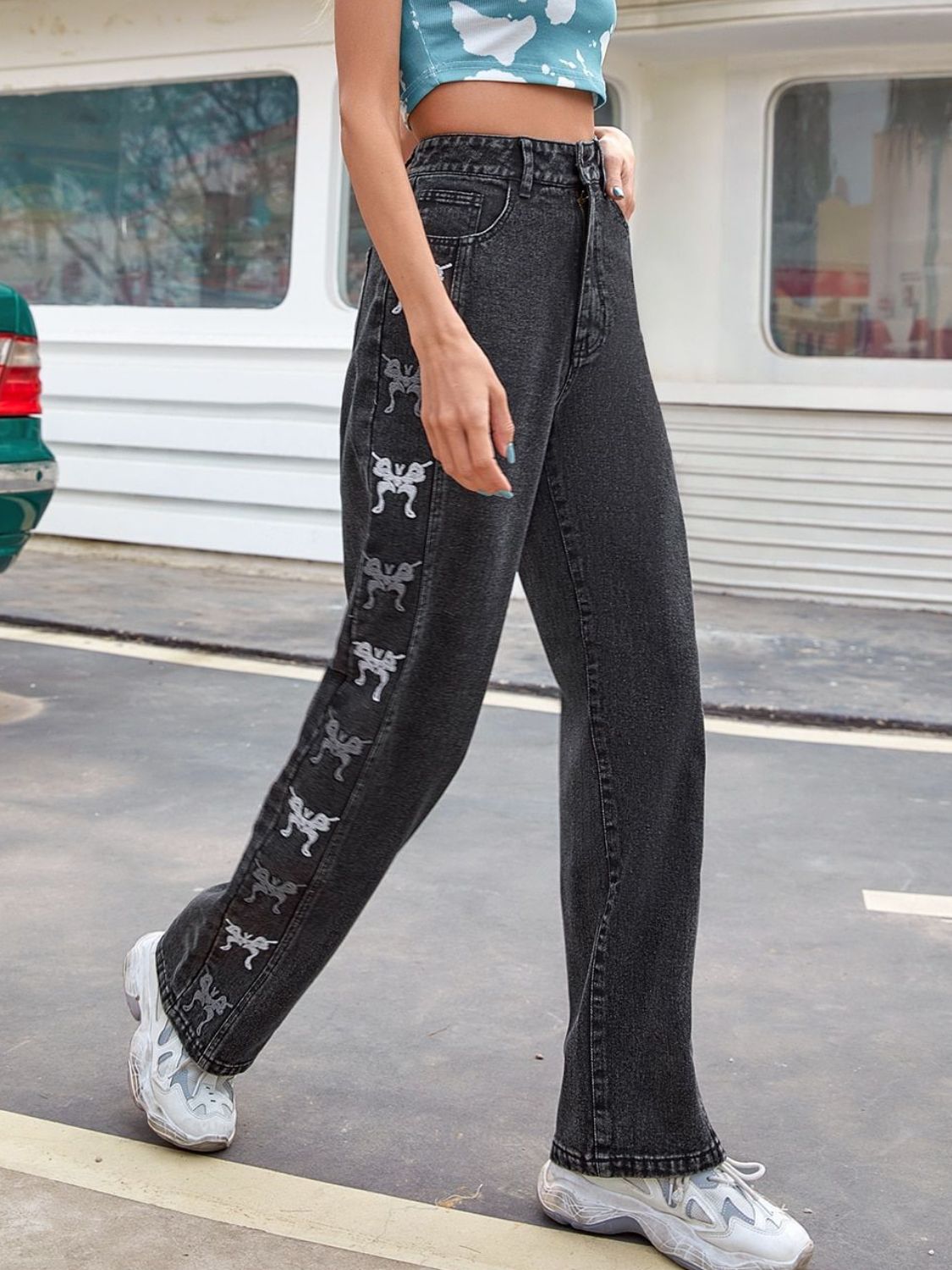 Embroidered Butterfly Jeans with Pockets