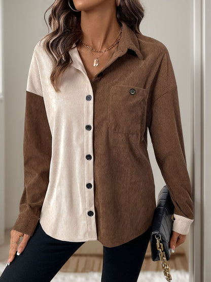 Perfee Pocketed Contrast Collared Neck Long Sleeve Shirt