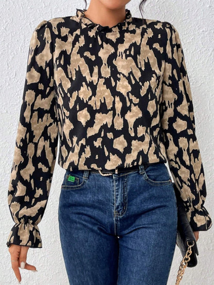 Frill Leopard Mock Neck Flounce Sleeve Blouse