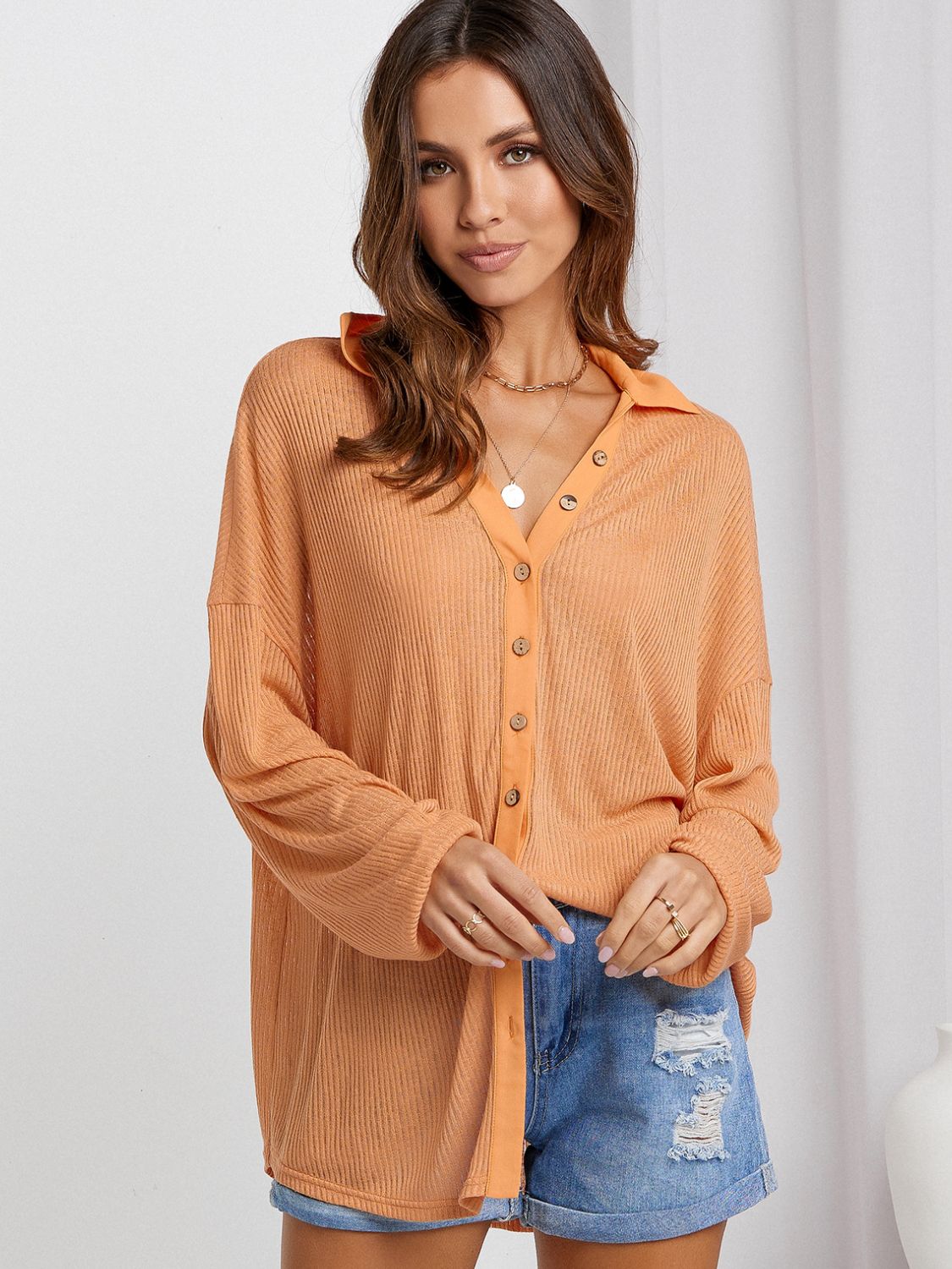 Collared Neck Button Down Long Sleeve Shirt