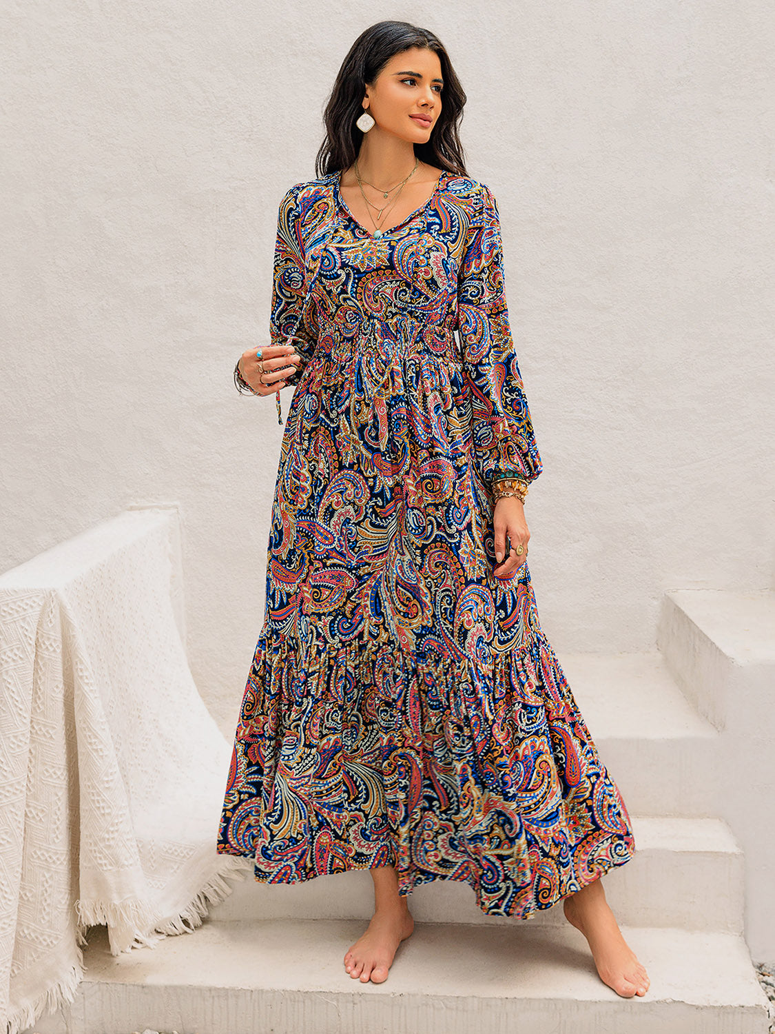 Printed Tie Neck Long Sleeve Midi Dress