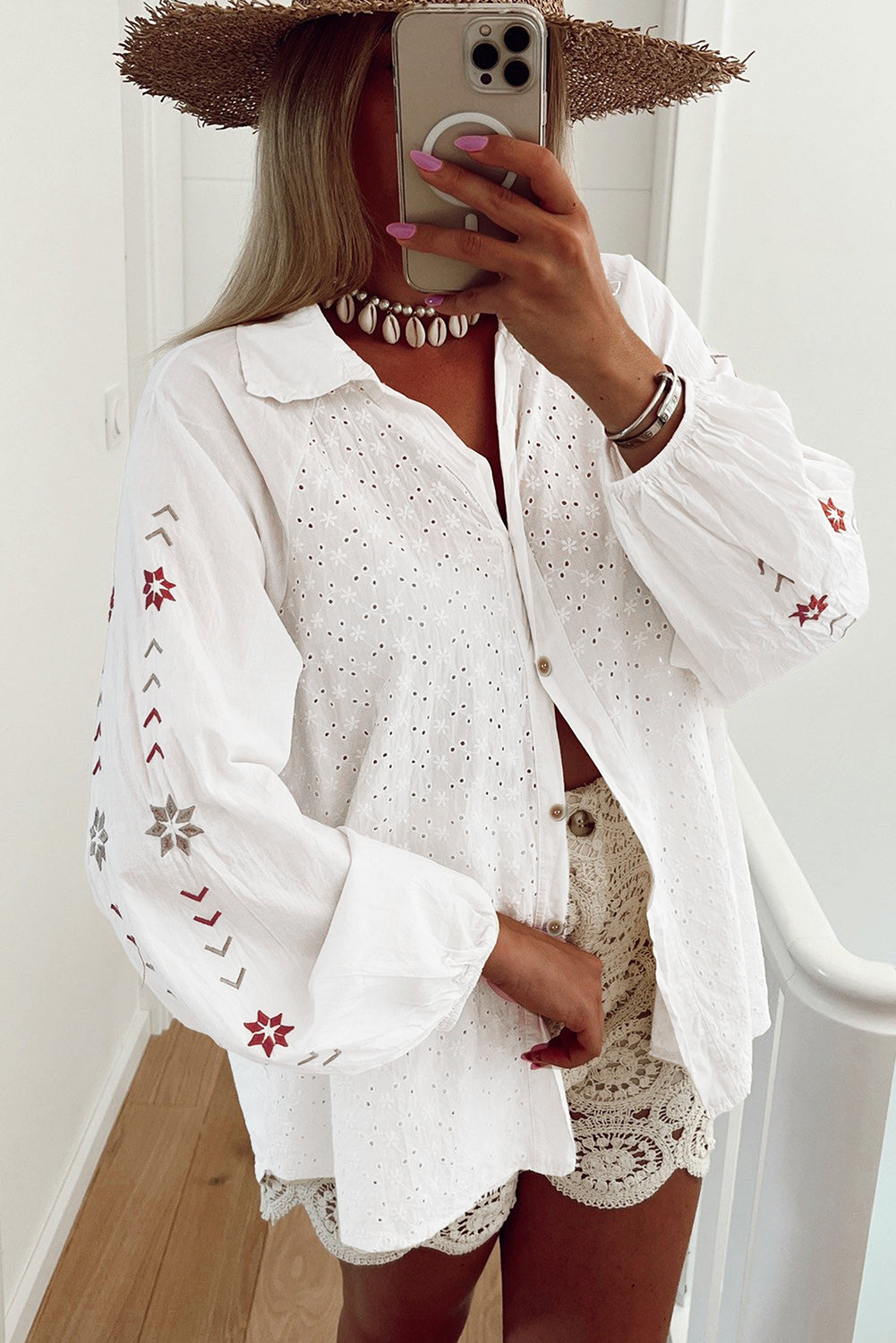 Embroidered Eyelet Collared Neck Long Sleeve Shirt