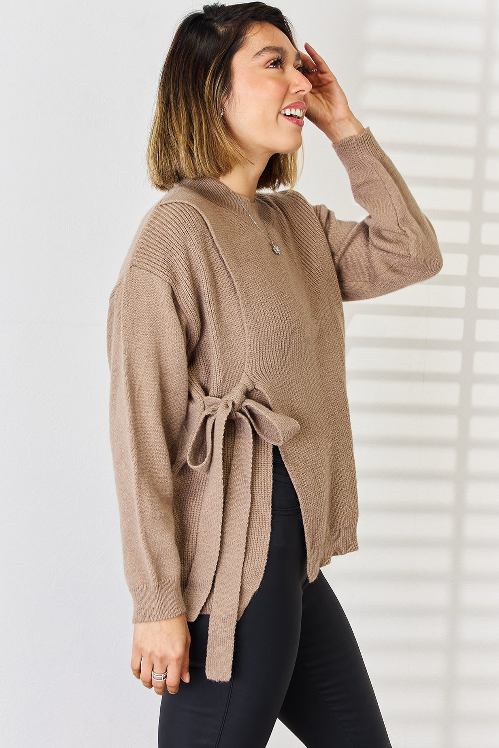 Slit Tied Dropped Shoulder Sweater