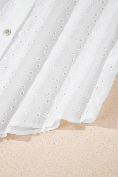 Embroidered Eyelet Collared Neck Long Sleeve Shirt